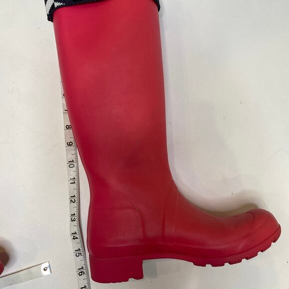 Hunter Boots Pink Waterproof Wellingtons Black & White Knit Cuff EUC Sz 6 - Picture 10 of 11